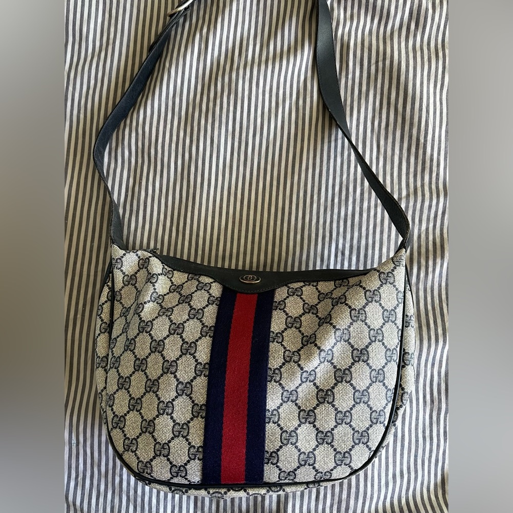 Vintage Gucci Navy Ophidia GG Half Moon Medium Canvas Handbag with Gucci Flag